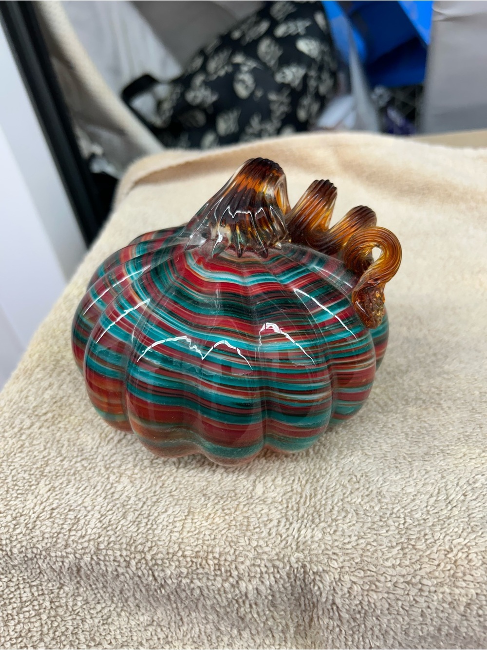 Handblown Striped Glass Pumpkin - Red & Teal Accent Home Art